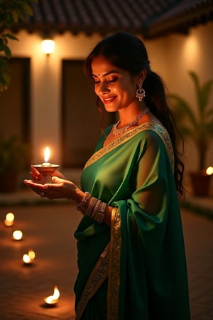 A mature Indian woman in her early 40s stands elegantly at the courtyard of her ancestral home to celebrate Deepavali. She wears a stunning sexy translucent silk saree in a deep, rich shade of emerald green, intricately embroidered with gold thread along the borders. The saree hugs her figure gracefully, while her blouse, sleeveless, low cut scoop neckline and form-fitting, adds a modern touch. Around her neck, a simple gold necklace glistens, paired with matching glass bangles that clink gently as she moves. The courtyard, adorned with oil lamps, flickers warmly in the night in addition to the bright ambience lighting. 
In her hands, she holds a small brass oil lamp, its warm glow highlighting her face and casting soft shadows. Her dark hair is loosely tied, with strands falling gently over her shoulders.
She stands with poised confidence, her body slightly angled towards the camera as she raises the lamp, the soft light accentuating the smooth contours of her face. Her expression is filled with excitement and reverence, a gentle smile playing on her lips and her eyes sparkling with joy.

Her skin glows in the warm light, and her makeup is minimal but radiant, highlighting her naturally youthful features. The camera captures her from a slightly low angle, with the play of light and shadows emphasizing her elegance. The atmosphere is intimate, the composition simple yet rich, focusing entirely on her—her beauty, her joy, and her connection to the festival. The use of natural, warm lighting creates an aura of serenity and celebration, transforming the moment into an artistic reflection of her grace and the significance of Deepavali.