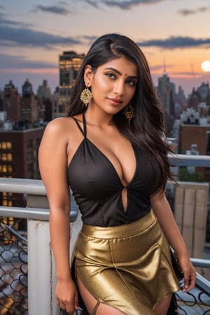 (ultrarealistic, ultradetailed)1.3, a woman, ((indian)), beautiful, hourglass body, curvy, shapely, long wavy brunette with highlights hair, seductive smile, detailed brown eyes, detailed full lips, perfect nose, detailed face, ((wearing a deep v neckline top, long tight skirt with slit, loop earrings)), ((posing against railing, roof top bar, new york city skyline view, nighttime, night, highly detailed background)), vivid colors, incandescent lighting, street lights, building light, moonlit, visible skin details, highly detailed skin, realistic skin texture, (photorealistic, 32K UHD resolution, high quality, masterpiece, best quality, maximum detailed)1.3