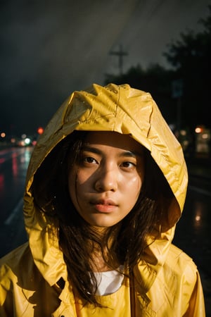 a beautiful girl, long red hair, ((in a yellow raincoat)), 20yo, boots, walking in a dark raining street, Mystical, Mysterious, Ethereal, Dim lights in the street, Dark and Hazy background, puddles, rain, fog, low key, (chiaroscuro lighting), closeup, depth of field, BREAK rule of thirds, perfect composition, impressionism, aesthetic minimalism, (by Karol Bak, Alessandro Pautasso and Hayao Miyazaki), 