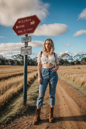a young woman, blonde hair, blue eyes, crop top with lace edge, worn blue jeans, koala-shaped mini backpack, short boots, leaning forward holding on to a signpost, big breast, cleavage, countryside, barren land, Australia, dry, sandy, blue sky, cloud