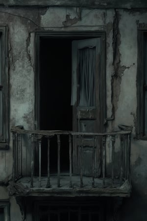 a decaying, rotting hotel balcony, where the splintered wood and peeling paint speak of years of neglect and abandonment. The air is thick with unease as the camera zooms in, focusing on the open door that leads into a pitch-black, dilapidated room. The tattered curtains flutter eerily in the wind, creating a sense of movement in the stillness. Beyond the doorway, shadows of unseen figures seem to shift and dance, just out of reach, barely visible in the faint, sickly glow cast by a flickering streetlamp below. 

The dynamic angle of the shot tilts unnervingly, making it feel as though something is watching from the darkness, waiting just beyond the threshold. The camera lingers on the doorway, the sense of dread intensifying as every flicker of light and every gust of wind suggests that something sinister is lurking within. The distant sound of creaking wood and faint whispers amplify the feeling that the darkness inside the room hides something far worse than it seems—something ready to emerge at any moment. The tension is palpable, every detail amplifying the fear that whatever is inside the room might not stay hidden for long.