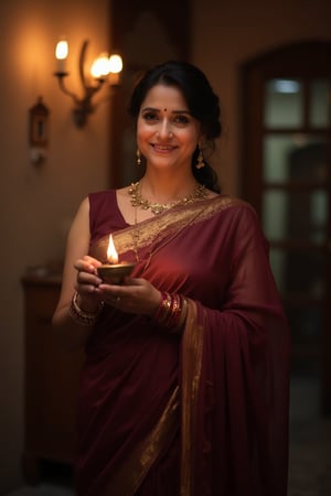 An mature Indian woman in her early 40s stands gracefully in her ancestral home, celebrating Deepavali. She wears a deep maroon saree with golden borders, the fabric elegantly draped around her. Her sleeveless blouse complements the saree, while gold jhumka earrings, a delicate necklace, and glass bangles add a touch of traditional charm. She has a beautifully hourglass curvy figure, with a defined narrow waist that accentuates her shape. Her arms have a bit of softness, adding to her natural and relatable appearance. Her subtle love handles add to her charm, creating a balanced and attractive silhouette. Overall, she embodies a healthy and confident look, celebrating her unique body.

In her hands, she holds a small brass oil lamp, its warm glow highlighting her face and casting soft shadows. Her dark hair is loosely tied, with strands falling gently over her shoulders. Her expression is filled with joy and excitement, her eyes sparkling in the light as she smiles softly, embodying the festive spirit. The mood is serene and intimate, with the gentle glow of the lamps enhancing her ethereal beauty, while she moves gracefully through the space. The focus remains on her, celebrating her elegance and connection to tradition.