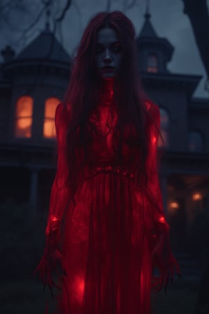 a haunted house bathed in a mysterious midnight glow. Standing at the entrance is an ethereal woman of extraordinary beauty, dressed in all-red, spooky attire. She is tall and thin, her gradient hair cascading down, framing her lifeless, pale face. Her eyes are void of life, and her expression conveys a haunting sense of hopelessness. Her hands hang down, slender fingers with long dark nails. Her body is translucent like mist, illuminated by strange fluorescent lights that glow across her form. The shot, taken from outside the house, captures the intricate details of the scene. The background adds to the spookiness, with ambient light creating a soothing yet chilling tone. This scene is captured in a movie-like shot, full of fine details and textures, with realistic illustrations in vivid colors and high contrast. The atmosphere is enriched with cinematic lighting, presenting the haunted theme with extreme detail and beauty. ABMhauntedVibe