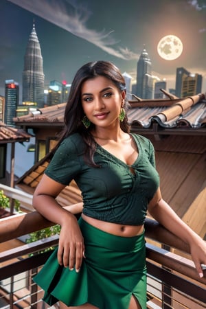 (ultrarealistic, ultradetailed)1.3, a woman, indian, beautiful, hourglass body, curvy, shapely, long wavy brunette with highlights hair, seductive smile, detailed brown eyes, detailed full lips, perfect nose, detailed face, ((wearing a short sleeve deep v neckline green top, long tight skirt with slit)), (((posing against railing, roof top bar, kl city skyline view, nighttime, highly detailed background))), vivid colors, incandescent lighting, street lights, building light, moonlit, visible skin details, highly detailed skin, realistic skin texture, (photorealistic, 32K UHD resolution, high quality, masterpiece, best quality, maximum detailed)1.3