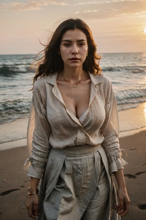 a middle-aged woman, beautiful, long wavy hair, detailed expressive eyes, perfect nose, full lips, ((rolled-up sleeve, unbuttoned linen shirt, long flowing skirt, wristwatch)), ((big breast, cleavage)), (dynamic pose, beachside, sunset, wind blowing), (she looked very serene, casual sophistication, laid-back charisma), cinematic, (visible skin details, highly detailed skin, realistic clothing deformation, natural material texture, material's natural reflection, clothing specularity, diffuse reflection), perfect lighting, perfect shadows, path tracing, Physically Based Rendering, Subsurface Scattering, Principled BSDF,