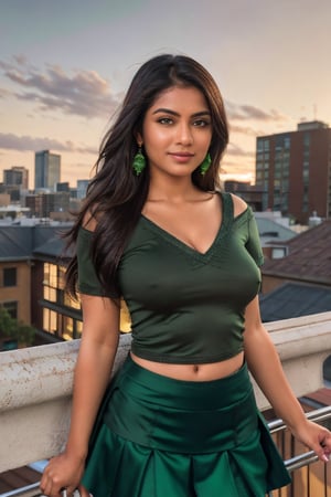 (ultrarealistic, ultradetailed)1.3, a woman, indian, beautiful, hourglass body, curvy, shapely, long wavy brunette with highlights hair, seductive smile, detailed brown eyes, detailed full lips, perfect nose, detailed face, ((wearing a short sleeve deep v neckline green top, long tight skirt with slit)), ((posing against railing, roof top bar, city skyline view, nighttime, highly detailed background)), vivid colors, incandescent lighting, street lights, building light, moonlit, visible skin details, highly detailed skin, realistic skin texture, (photorealistic, 32K UHD resolution, high quality, masterpiece, best quality, maximum detailed)1.3