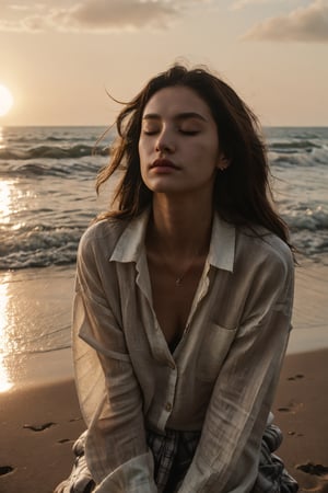 a middle-aged woman, beautiful, long wavy hair blown by wind, her eyes are closed, perfect nose, full lips, (rolled-up sleeve unbuttoned linen shirt, long flowing skirt, wristwatch), (beachside), sunset silhouette, (she looked very serene, casual sophistication, laid-back charisma), (mysterious, epic), cinematic, (visible skin details, highly detailed skin, realistic clothing deformation, natural material texture, material's natural reflection, clothing specularity, diffuse reflection), perfect lighting, perfect shadows, path tracing, Physically Based Rendering, Subsurface Scattering, Principled BSDF,
