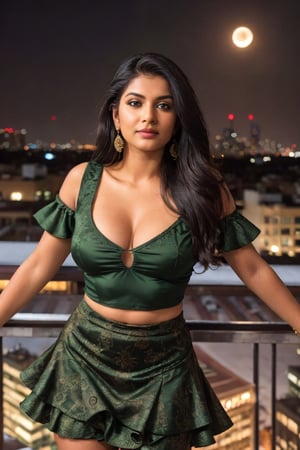 (ultrarealistic, ultradetailed)1.3, a woman, indian, beautiful, hourglass body, curvy, shapely, long wavy brunette with highlights hair, seductive smile, detailed brown eyes, detailed full lips, perfect nose, detailed face, (wearing a green top with short, ruffled sleeves and a deep V-neckline, paired with a black ruched skirt that has an asymmetrical hemline), ((posing against railing, roof top bar, city skyline view, nighttime, highly detailed background)), vivid colors, incandescent lighting, street lights, building light, moonlit, visible skin details, highly detailed skin, realistic skin texture, (photorealistic, 32K UHD resolution, high quality, masterpiece, best quality, maximum detailed)1.3