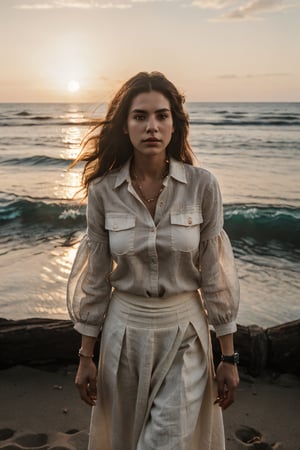 a middle-aged woman, beautiful, long wavy hair, detailed expressive eyes, perfect nose, full lips, ((rolled-up sleeve unbuttoned linen shirt, long flowing skirt, wristwatch)), big breast, cleavage, (standing, beachside, sunset, wind blowing), (she looked very serene, casual sophistication, laid-back charisma), (mysterious, epic), cinematic, (visible skin details, highly detailed skin, realistic clothing deformation, natural material texture, material's natural reflection, clothing specularity, diffuse reflection), perfect lighting, perfect shadows, path tracing, Physically Based Rendering, Subsurface Scattering, Principled BSDF,