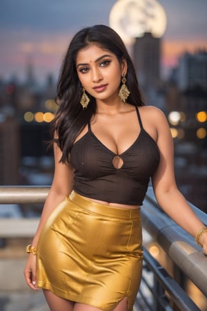 (ultrarealistic, ultradetailed)1.3, a woman, ((indian)), beautiful, hourglass body, curvy, shapely, long wavy brunette with highlights hair, seductive smile, detailed brown eyes, detailed full lips, perfect nose, detailed face, pottu, ((wearing a deep v neckline top, long tight skirt with slit, loop earrings)), ((posing against railing, roof top bar, new york city skyline view, nighttime, night, highly detailed background)), vivid colors, incandescent lighting, street lights, building light, moonlit, visible skin details, highly detailed skin, realistic skin texture, (photorealistic, 32K UHD resolution, high quality, masterpiece, best quality, maximum detailed)1.3