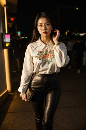 Asian woman, beautiful, round neon glasses, young, hourglass, shapely, curvy, DJ, flower shirt, leather pants, high heels, AirPods, night club, disco, depth of field, neon lights, razor lights 