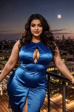 (ultrarealistic, ultradetailed)1.3, a woman, indian, beautiful, hourglass body, curvy, shapely, long wavy brunette with highlights hair, seductive smile, detailed brown eyes, detailed full lips, perfect nose, detailed face, (wearing a lirtle royal blue dress), ((posing, leaning agaist railing, roof top bar, city skyline view, nighttime, highly detailed background)), vivid colors, incandescent lighting, street lights, building light, moonlit, visible skin details, highly detailed skin, realistic skin texture, (photorealistic, 32K UHD resolution, high quality, masterpiece, best quality, maximum detailed)1.3