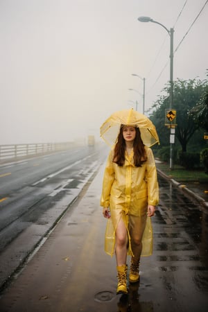 a beautiful woman, long red hair, ((in a yellow raincoat)), 40yo, boots, walking in a raining street, Mystical, Mysterious, Ethereal, street lights, Hazy background, puddles, rain, fog, half body shot, closeup, depth of field, rule of thirds, perfect composition, impressionism, aesthetic minimalism,