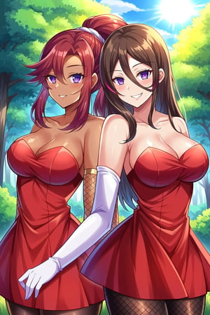 konosubasylvia, , sylvia, long hair, brown hair, hair between eyes, ponytail, red hair, multicolored hair, dark skin, dark-skinned female, (purple eyes:1.1), smile, grin,BREAK gloves, dress, cleavage, bare shoulders, jewelry, pantyhose, elbow gloves, white gloves, strapless, (red dress:1.5), fishnets,BREAK outdoor, forest, nature, trees, village, sky, sun, clouds,BREAK looking at viewer, (cowboy shot:1.5),BREAK, (masterpiece:1.2), best quality, high resolution, unity 8k wallpaper, (illustration:0.8), (beautiful detailed eyes:1.6), extremely detailed face, perfect lighting, extremely detailed CG, (perfect hands, perfect anatomy),