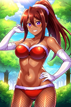 konosubasylvia, , sylvia, long hair, brown hair, hair between eyes, ponytail, red hair, multicolored hair, dark skin, dark-skinned female, (purple eyes:1.1), smile, grin,BREAK gloves, bikini, cleavage, bare shoulders, jewelry, pantyhose, elbow gloves, white gloves, strapless, (red bikini:1.5), fishnets,BREAK outdoor, forest, nature, trees, village, sky, sun, clouds,BREAK looking at viewer, (cowboy shot:1.5),BREAK, (masterpiece:1.2), best quality, high resolution, unity 8k wallpaper, (illustration:0.8), (beautiful detailed eyes:1.6), extremely detailed face, perfect lighting, extremely detailed CG, (perfect hands, perfect anatomy),