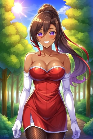 konosubasylvia, , sylvia, long hair, brown hair, hair between eyes, ponytail, red hair, multicolored hair, dark skin, dark-skinned female, (purple eyes:1.1), smile, grin,BREAK gloves, dress, cleavage, bare shoulders, jewelry, pantyhose, elbow gloves, white gloves, strapless, (red dress:1.5), fishnets,BREAK outdoor, forest, nature, trees, village, sky, sun, clouds,BREAK looking at viewer, (cowboy shot:1.5),BREAK, (masterpiece:1.2), best quality, high resolution, unity 8k wallpaper, (illustration:0.8), (beautiful detailed eyes:1.6), extremely detailed face, perfect lighting, extremely detailed CG, (perfect hands, perfect anatomy),