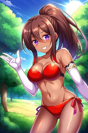 konosubasylvia, , sylvia, long hair, brown hair, hair between eyes, ponytail, red hair, multicolored hair, dark skin, dark-skinned female, (purple eyes:1.1), smile, grin,BREAK gloves, bikini, cleavage, bare shoulders, jewelry, pantyhose, elbow gloves, white gloves, strapless, (red bikini:1.5), fishnets,BREAK outdoor, forest, nature, trees, village, sky, sun, clouds,BREAK looking at viewer, (cowboy shot:1.5),BREAK, (masterpiece:1.2), best quality, high resolution, unity 8k wallpaper, (illustration:0.8), (beautiful detailed eyes:1.6), extremely detailed face, perfect lighting, extremely detailed CG, (perfect hands, perfect anatomy),