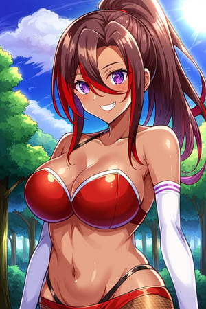 konosubasylvia, , sylvia, long hair, brown hair, hair between eyes, ponytail, red hair, multicolored hair, dark skin, dark-skinned female, (purple eyes:1.1), smile, grin,BREAK gloves, bikini, cleavage, bare shoulders, jewelry, pantyhose, elbow gloves, white gloves, strapless, (red bikini:1.5), fishnets,BREAK outdoor, forest, nature, trees, village, sky, sun, clouds,BREAK looking at viewer, (cowboy shot:1.5),BREAK, (masterpiece:1.2), best quality, high resolution, unity 8k wallpaper, (illustration:0.8), (beautiful detailed eyes:1.6), extremely detailed face, perfect lighting, extremely detailed CG, (perfect hands, perfect anatomy),