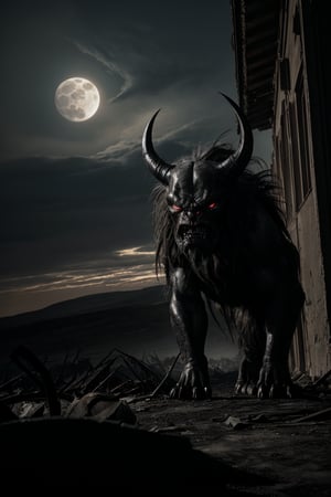 Here's a prompt for an image based on your description:

A low-angle shot captures the imposing figure of a monstrous creature emerging from the shadows of a desolate town under the soft glow of a full moon. The camera's perspective is deliberately distorted, emphasizing the chaos and destruction that surrounds it: crumbling buildings, scattered debris, and an atmosphere thick with tension. The creature's face is a testament to its ancient, malevolent nature: a glowing single eye, rows of razor-sharp teeth, and leathery skin etched with intricate tattoos. Wild, unkempt hair stirs in the moonlight as the behemoth takes a menacing step forward, casting a long shadow across the devastated landscape.