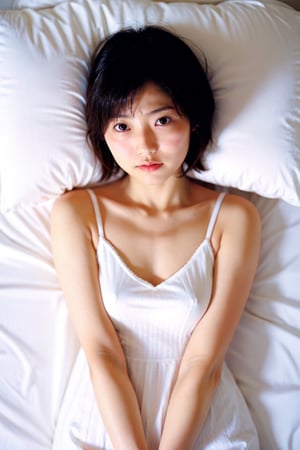 Japanese woman, cute, short hair, white night dress, natural light, (from above:1.1), (luxury bed:1.1) 