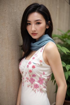 woman, upper body, scarf, (kebaya embroided with flowers), (sleeveless)