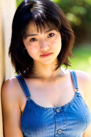 Sexy tank top, short denim pants, cleavage, bokeh, slight smile