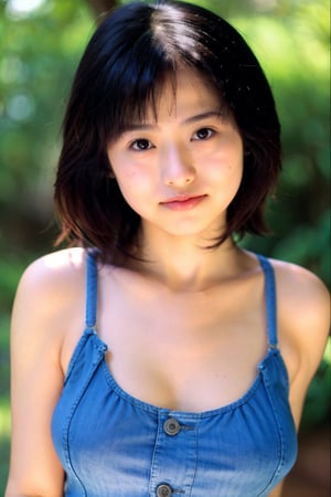 Sexy tank top, short denim pants, cleavage, bokeh, slight smile