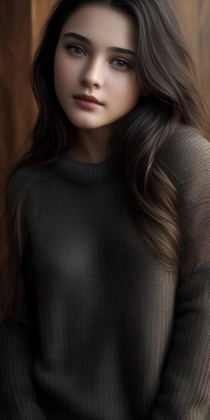 8k, HD, RAW photo, best quality, (masterpiece:1.2), (realistic, photo-realistic), (highly detailed), 1girl, 18 years old, very beautiful face, eyes, innocence_face, long black hair, wearing sweater, smokey dark background, whole_body,Ayuquh, ((view entire body))