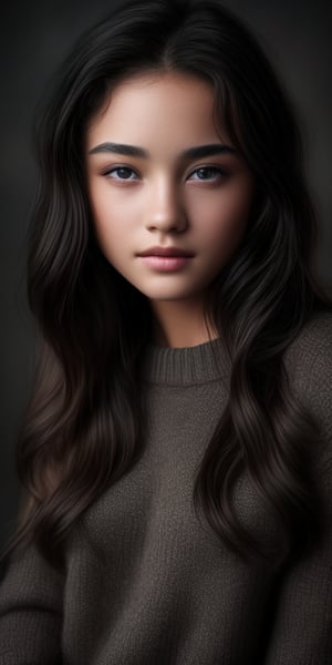 8k, HD, RAW photo, best quality, (masterpiece:1.2), (realistic, photo-realistic), (highly detailed), 1girl, 18 years old, very beautiful face, eyes, innocence_face, long black hair, wearing sweater, smokey dark background, whole_body,Ayuquh, ((view entire body))