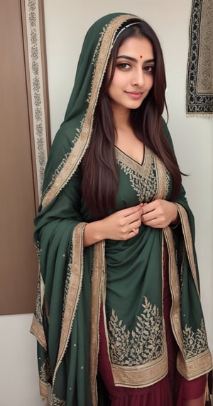 Her hair is long, dark, and lustrous, partially visible beneath the elegantly draped dupatta that adorns her head and shoulders, respecting her Muslim heritage. The dupatta, a piece of fine, lightweight fabric, is richly embroidered with traditional Pakistani motifs, incorporating colors like deep reds, vibrant greens, and golds, symbolizing the richness of her culture.