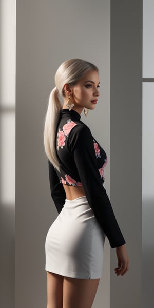 Generate hyper realistic image of a woman in a black short dress with a floral print, her long sleeves adding a touch of elegance as she stands in a cowboy shot pose. Her white hair is styled in a chic ponytail, drawing attention to her striking profile and luscious lips, while dangling earrings catch the light, looking_at_viewer