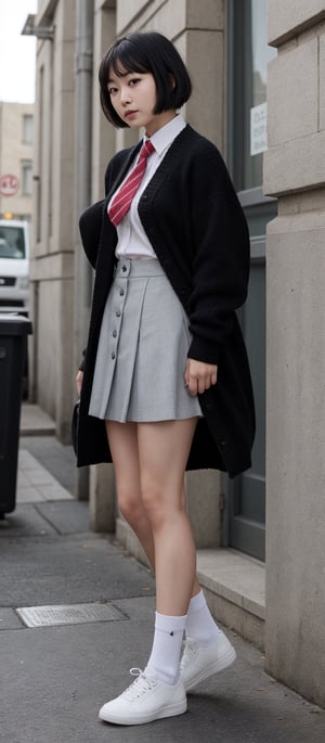 1girl,black-hair,(blunt_bangs),28 years old,school_uniform,knit cardigan,gray skirt,red tie,loose socks,