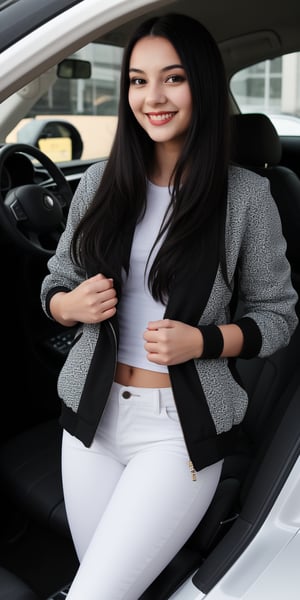 Lovely cute young attractive 1girl, 30 years old, cute long black_hair,  black  hair,  They are wearing a  white , patterned Jen's jacket and black jeans, varsity jacket , white shoes. driving car, smiling, style