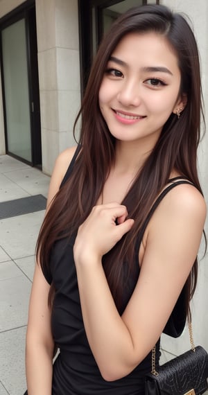 New York City,street,
20 yo, 1 girl, beautiful korean girl,walking,happy smile,
wearing sexy tight dress,black simple dress(strap),shoulder bag,solo, {beautiful and detailed eyes}, dark eyes, calm expression, delicate facial features, ((model pose)), Glamor body type, (dark hair:1.2),hair_past_waist,curly hair,very long hair,simple tiny earrings, flim grain, realhands, masterpiece, Best Quality, 16k, photorealistic, ultra-detailed, finely detailed, high resolution, perfect dynamic composition, beautiful detailed eyes, eye smile, ((nervous and embarrassed)), sharp-focus, full_body, cowboy_shot,