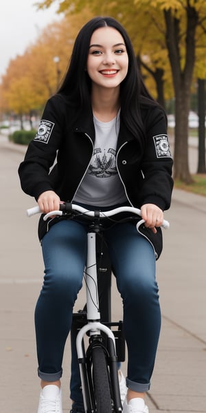 Lovely cute young attractive 1girl, 30 years old, cute long black_hair,  black  hair,  They are wearing a  white , patterned Jen's jacket and black jeans, varsity jacket , white shoes. Riding bike, smiling, 