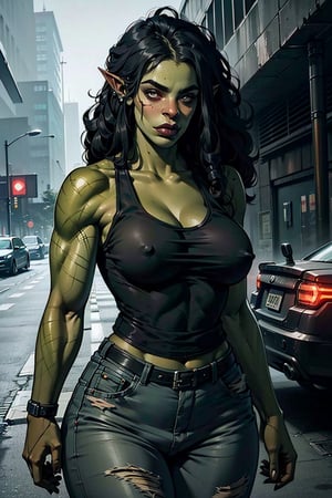 (1girl, solo), (perfect female form, perfect face, thick lips, glossy lips, wide hips, narrow waist, big breasts), (colored_skin, green skin, elven ears, tusks, body scars), (long hair, thick hair, curly hair, black hair, big hair), (camo tanktop, jeans, leather jacket) (at street, cyberpunk)
