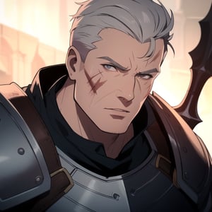 masterpiece, dramatic lighting, grey hair, asymmetrical bob, round ears, human, old male, parted lips, hand in hair, vox machina style, chubby, mid age, leather armor, warrior, spear, closeup, scars, muscular