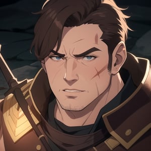 masterpiece, dramatic lighting, brown hair, asymmetrical bob, round ears, human, old male, parted lips, hand in hair, vox machina style, chubby, mid age, leather armor, warrior, spear, closeup, scars, muscular