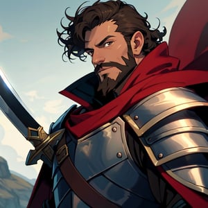 Athletic human in his 40s in kingdom, dark brown hair brown eyes, male, (masterpiece) , round ears, short hair, curly hair, vox machina style, warrior, stubble beard, heavy armor, sword, crimson cape, captain of garisson, closeup

