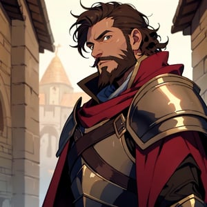 Athletic human in his 40s in kingdom, dark brown hair brown eyes, male, (masterpiece) , round ears, short hair, curly hair, vox machina style, warrior, stubble beard, heavy armor, crimson cape, captain of garisson, closeup

