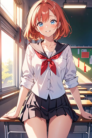 1girl, parted lips, blush, makeup, light smile, (light blue eyes, long bright red/ginger hair), school uniform (white shirt with red bands around the edge matching hair,short cute school skirt), medium brests (not visible)classroom, light rays, glow, thighs, collarbone, narrow waist, (masterpiece), wallpaper, cluseller