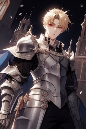 Tall,  handsome young man,  red eyes,blonde hair, ,  medieval, powerful,viewed_from_below,  short hair, 20 years old,villain,duke,  silver armor medieval,levi ackerman hairstyle,castle,at 12 pm