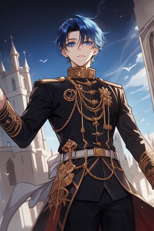 Tall,  handsome young male,teen,  blue eyes,blue hair, ,  medieval, powerful,viewed_from_below,  short hair, 18 years old, acadeny noble uniform,levi ackerman hairstyle,castle,at 12 pm  