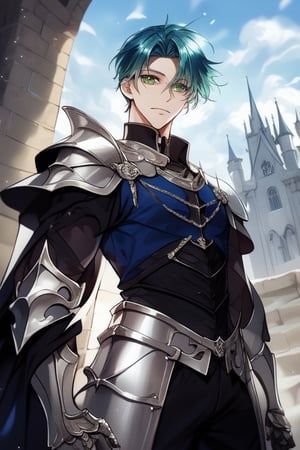 Tall,  handsome young man,  green eyes,blue hair, ,  medieval, powerful,viewed_from_below,  short hair, 18 years old,  silver armor medieval,levi ackerman hairstyle,castle,at 12 pm