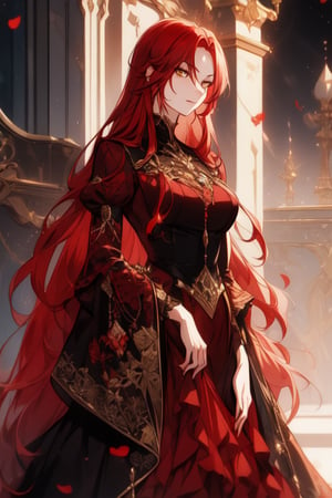 20 years old, red haired women, beautiful women, villain,duchess, castle , golden eyes,wear red noble dress.