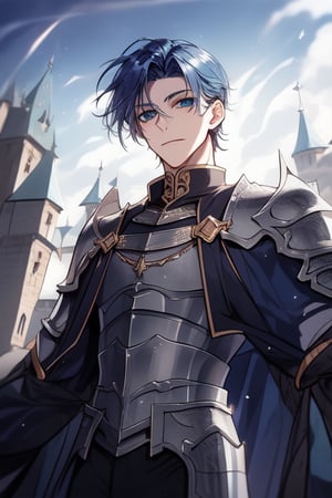 Tall,  handsome young teenage,  blue eyes, dark blue hair, ,  medieval, powerful,viewed_from_below,  short hair, 18 years old,  silver armor medieval,levi ackerman hairstyle,castle