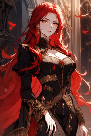 20 years old, red haired women, beautiful women, villain,duchess, castle , golden eyes,wear red noble dress.