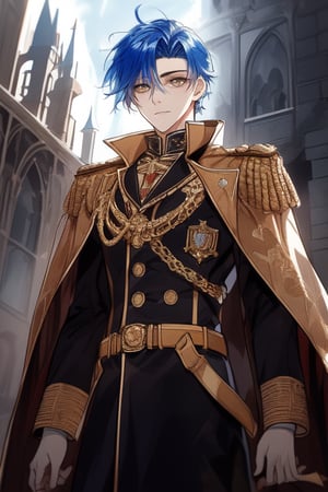 Tall,  handsome young male,teen,  gold eyes,blue hair, ,  medieval, powerful,viewed_from_below,  short hair, 18 years old,villain,duke, acadeny noble uniform, long military coat,levi ackerman hairstyle,castle,at 12 pm 