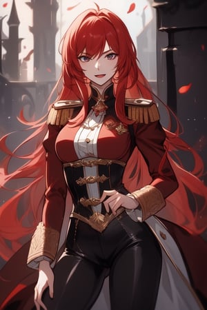 25 years old, red haired women, beautiful women, villain,duchess, castle , wear red noble military uniform and black pant.