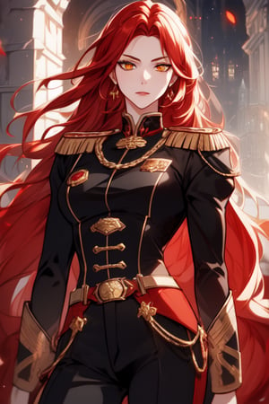 20 years old, red haired women, beautiful women, villain,duchess, castle , golden eyes,wear red noble military uniform and black pant.